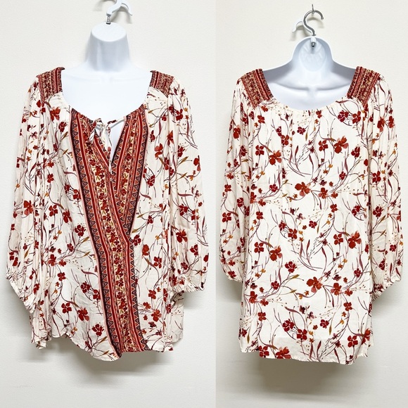 Cato Womens Plus Red Cream Floral Bohemian Long Sleeve Draped Blouse Size 26/28W - Picture 1 of 7